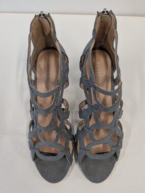 Kelly & Katie Grey Suede Laser Cut Cage Heels – Strappy Stiletto – Size 8.5
